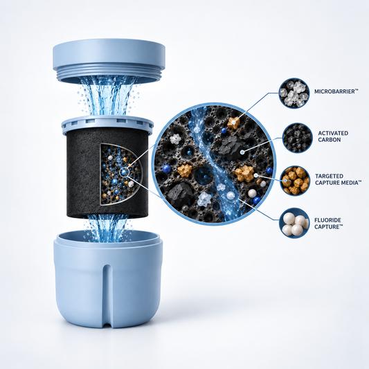 Multi-Capture Carbon Matrix cutaway — MicroBarrier, activated carbon, Targeted Capture and Fluoride Capture media
